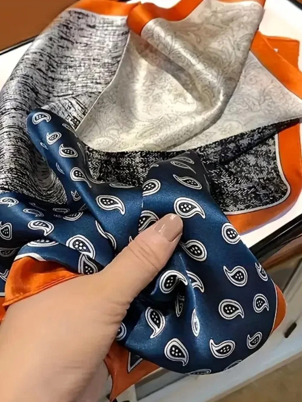 Silk-feel  Patchwork Pocket Square- Orange Head Scarf , Neck Scarf